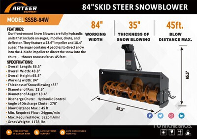 2025 ARTEER SSSB-84W 84 in Skid Steer Snowblower (Unused)