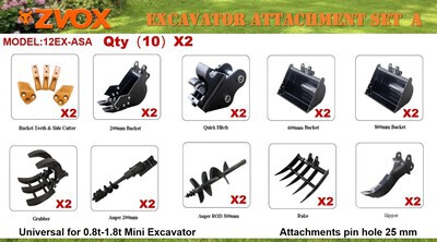 Quantity of (18) 2025 ZVOX 12EX-ASA-2 Mini Excavator Attachments (Unused)