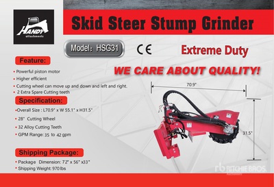 2025 Handy HSG31 Skid Steer Stump Grinder (Unused)