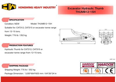 2025 HW THUMB12-15H Hydraulic Graafmachine duimklem - Fits Cat 312, 315 / 12 - 15 ton (Unused)