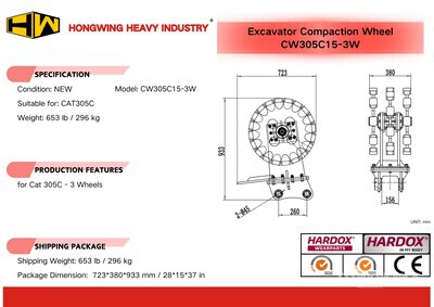 2025 HW CW30515-3W 15 in Verdichtungsrad für Bagger - Fits Cat 305C (Unused)