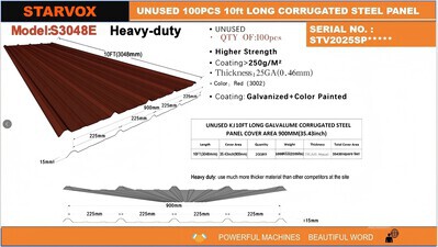 Quantity of (100) 2025 STARVOX S3048E 35 in x 10 ft Galvalume Corrugated Steel Panels (Unused)