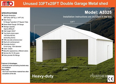 2026 MTO A3325 25 ft x 33 ft Double Garage Metal (Unused)