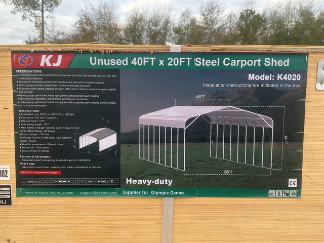 KJ K4020 Steel Carport Shed - Unused