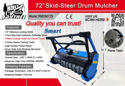 2026 Raytree RMDM72S 72 in Drum Skid Steer Mulcher (Unused)