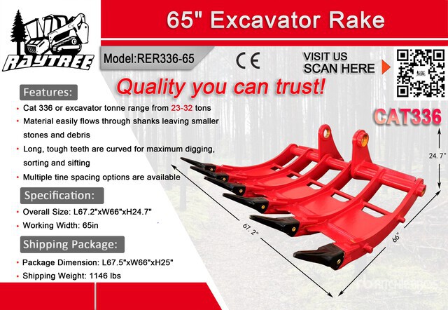 2025 Raytree RER336-65 65 in Excavator Rake - Fits Cat 336 / 23 - 32 ...