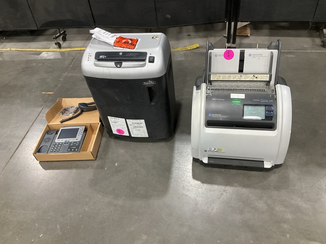 (3) UC Phones, (1) Binding System, (2) Shredders & Assorted Items