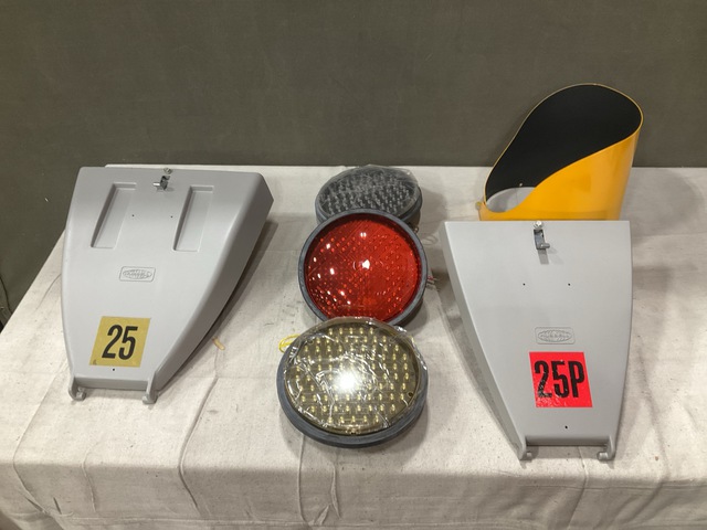(2) Traffic Signal Light Assemblies, (19) Traffic Light Visors & Assorted Items