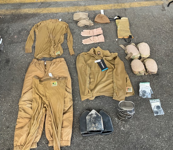 (60) Entrenching Tools, (127) Lens Caps (21) Pairs of Knee Pads & Assorted Items