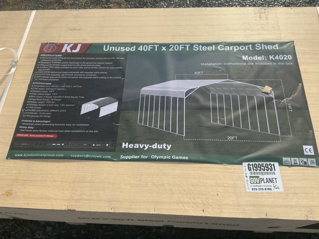 KJ K4020 Steel Carport Shed - Unused