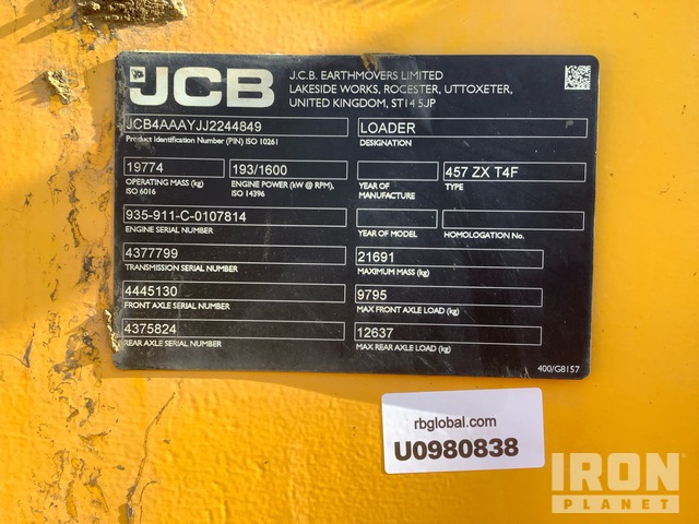 CARGADOR FRONTAL 2018 JCB 457