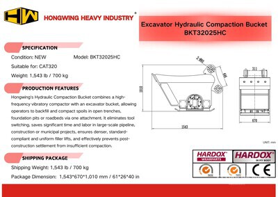 2025 HW BKT32025HC 26 in Hydraulic Compaction Cazo para excavadora - Fits Cat 320 (Unused)