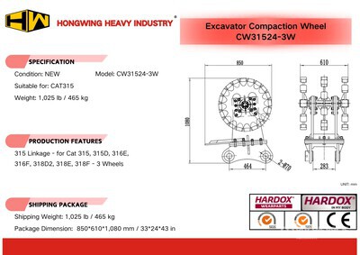 2025 HW CW31524-3W 24 in Verdichtungsrad für Bagger - Fits Cat 315 (Unused)