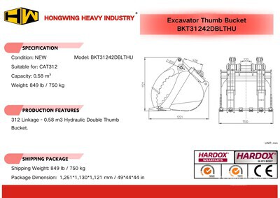 2025 HW BKT31242DBLTHUM 42 in 0.58 m3 Hydraulic Thumb Digging Godet d'excavatrice - Fits Cat 312 (Unused)