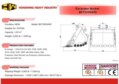 2025 HW BKT32054HD 54 in 1.02 m3 Digging Excavator Bucket - Fits Cat 320 (Unused)