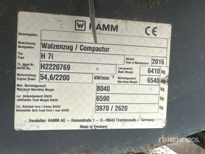 2016 Hamm H7I Smooth Drum Compactor