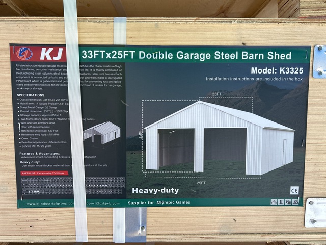 KJ K3325 Double Garage Steel Barn Shed - Unused