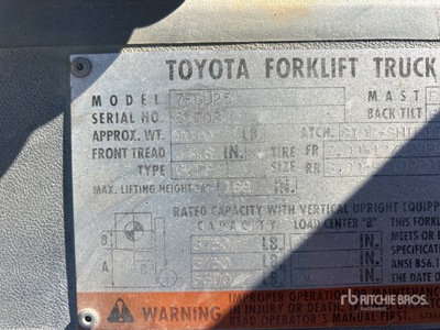 2000 Toyota 7FGU25 3750 lb Cushion Tire Forklift