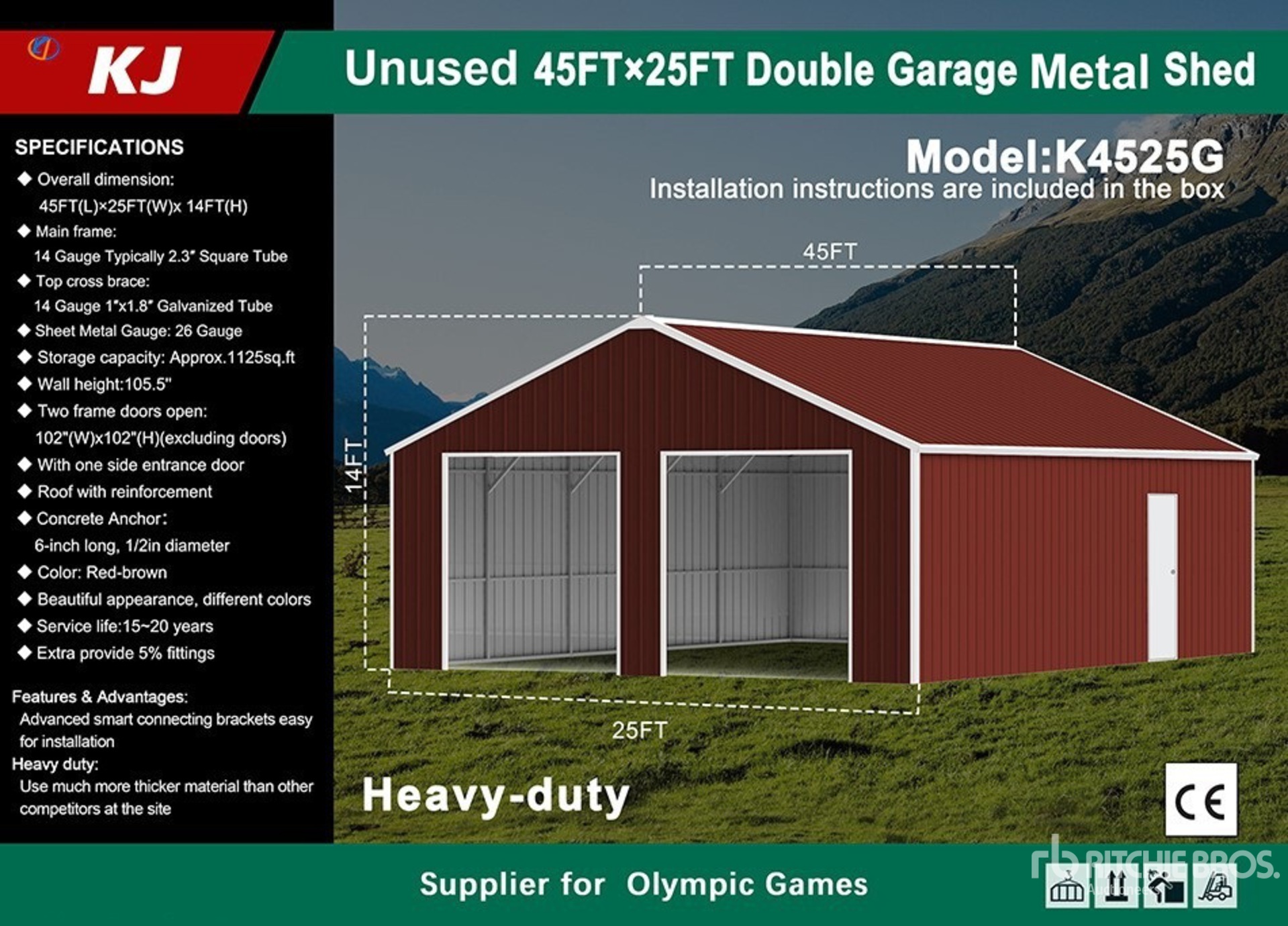 2026 KJ K4525G 25 ft x 45 ft Double Garage Metal Shed (Unused)