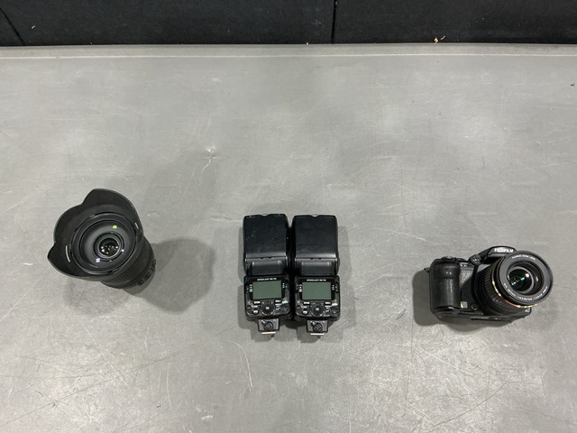 (2) Digital Cameras, (3) Camera Flashes & Assorted Items