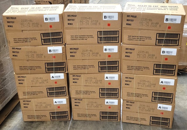 (12) Cases of Genuine U.S. G.I. Military MRE'S (Meals ready to Eat) 8/25