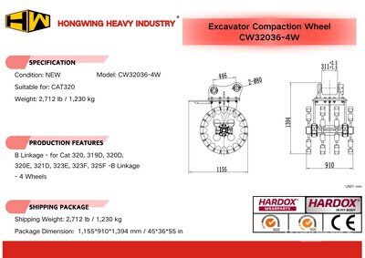 2025 HW CW32036-4W 36 in Excavator Compaction Wheel - Fits Cat 320 (Unused)