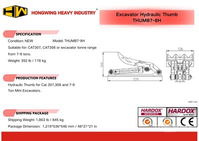 2025 HW THUMB7-8H 20 in Hydraulic Rostro per escavatore - Fits Cat 307, 308 / 7 - 8 ton (Unused)