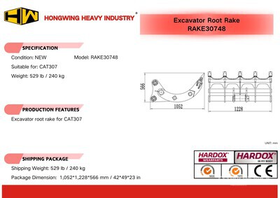 2025 HW RAKE30748 48 in Rastrillo para excavadora - Fits Cat 307 (Unused)