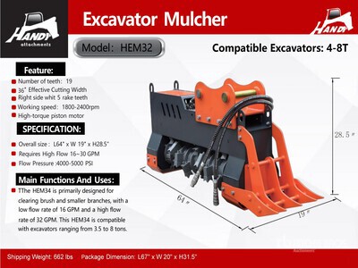 2026 Handy HEM32 36 in Excavator Mulcher エクスカベーター用アタッチメント - その他 - Fits 4 - 8 ton (Unused)