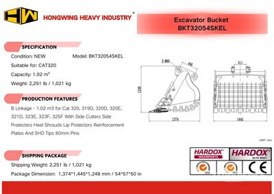 2025 HW BKT32054SKEL 54 in 1.02 m3 Skeleton Excavator Bucket - Fits Cat 320 (Unused)