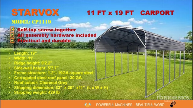 2025 STARVOX CP1119 11 ft x 19 ft Carport (Unused)