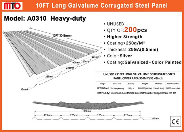 Quantity of (200) 2026 MTO A0310 35 in x 10 ft Galvalume Corrugated Steel Panels (Unused)