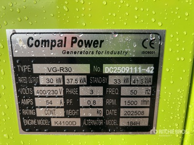 2025 Compal VG-R30 Skid-Mounted 30kW Generator Set (Unused)
