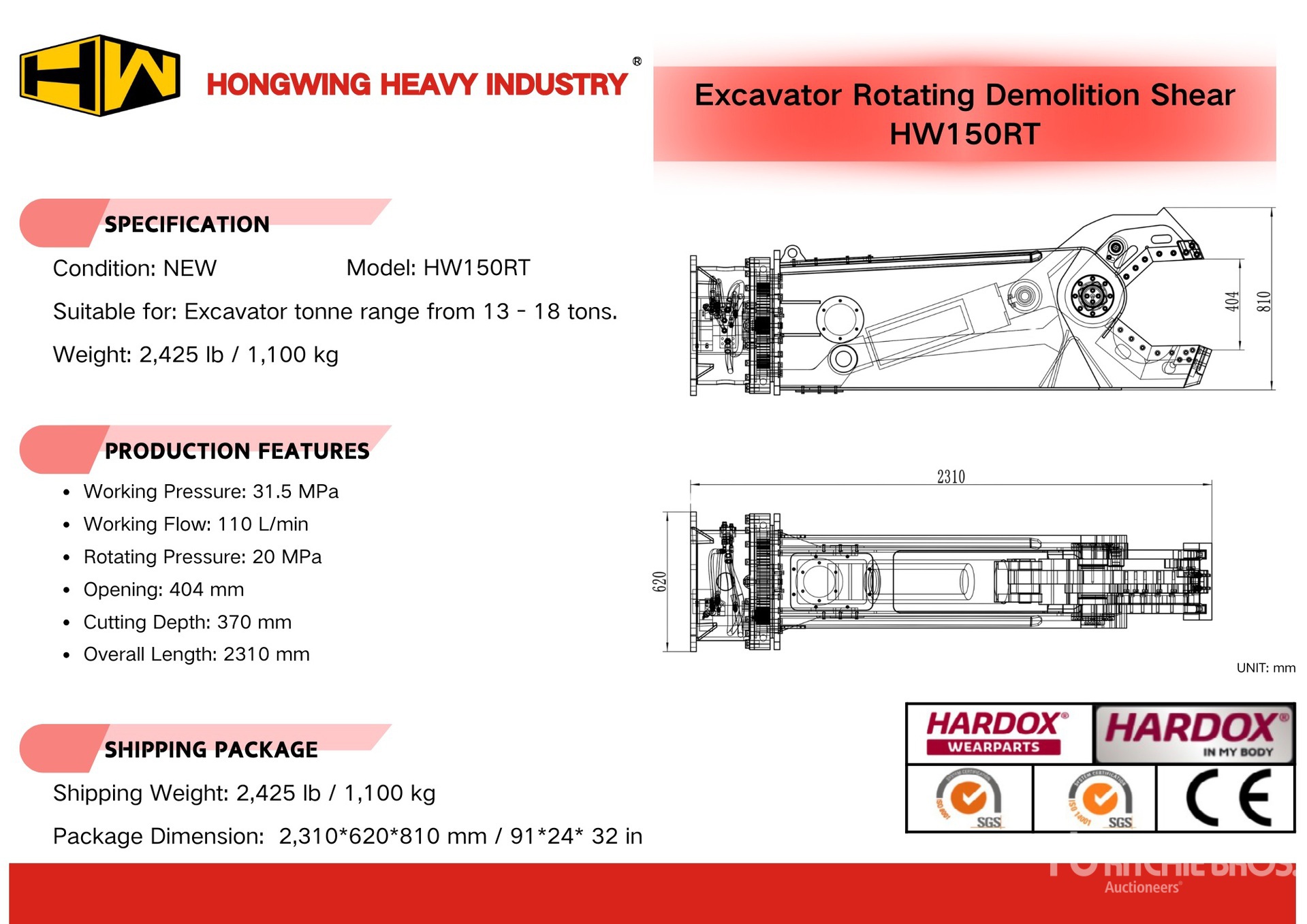 2025 HW HW150RT Rotating Tijera hidráulica - Fits Excavator 13 - 18 tons (Unused)