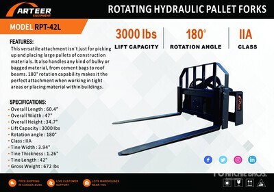 2025 ARTEER RPT-42L 42 in Rotating Hydraulic Skid Steer Forks (Unused)