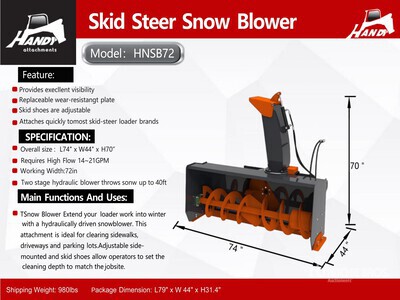 2025 Handy HNSB72 72 in Skid Steer Snowblower (Unused)