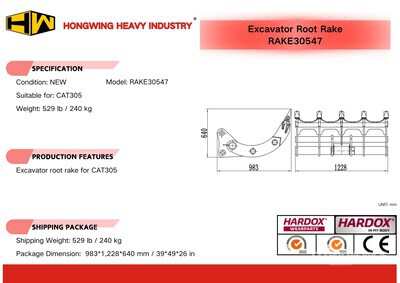 2025 HW RAKE30547 47 in Excavator Rake - Fits Cat 305 (Unused)