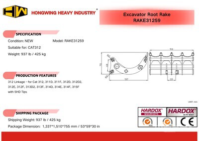 2025 HW RAKE31259 59 in Excavator Rake - Fits Cat 312 (Unused)