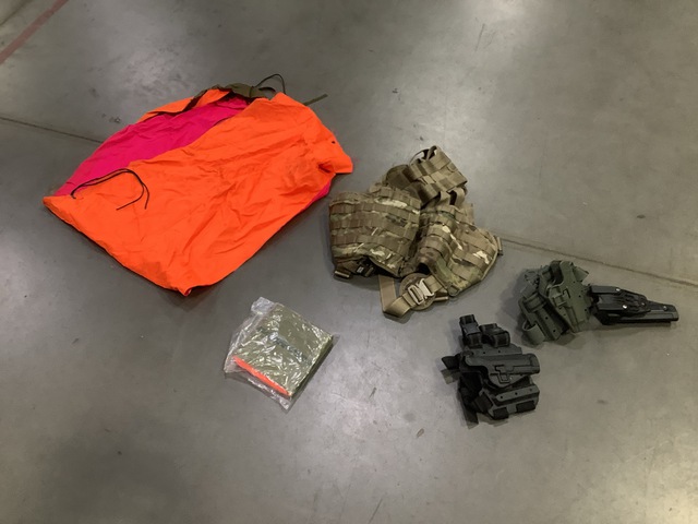 (17) Pistol Holsters, (1) Survival Vest, (41) Panel Markers & Assorted Items (17) Pistol Holsters, (1) Survival Vest, (41) Panel Markers & Assorted Items