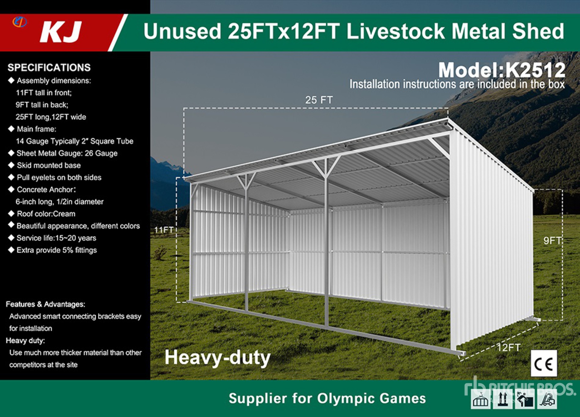 2026 KJ K2512 12 ft x 25 ft Metal Livestock Shelter (Unused)