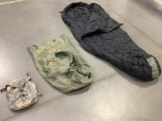 (64) Sustainment Pouches, (21) Duffel Bags, (12) Sleeping Bags & Assorted Items