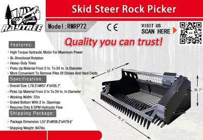 2026 Raytree RMRP72 72 in Rock Picker Skid Steer Rock Picker (Unused)