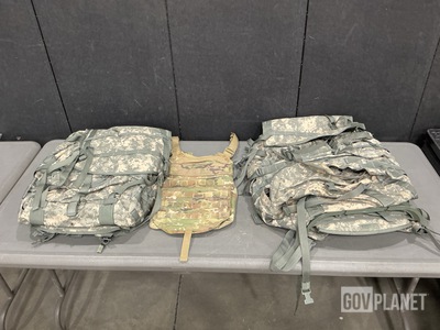 (13) Large Field Rucksacks, (21) Body Armor Vest Back Carriers & Assorted Items