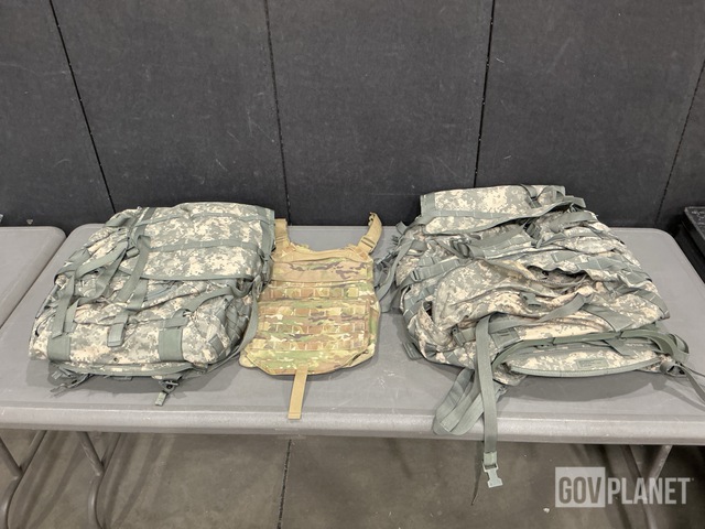 (13) Large Field Rucksacks, (21) Body Armor Vest Back Carriers & Assorted Items