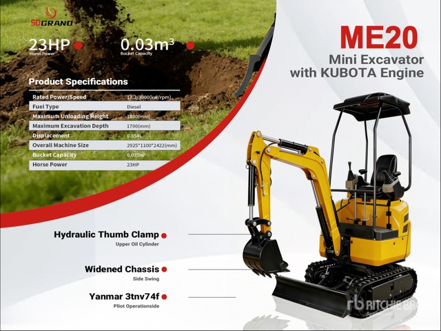 2026 SDGRAND ME20-YELLOW Diesel Mini Excavator (Unused)