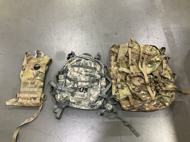 (75) Hydration System Carriers, (20) Assault Packs & Assorted Items