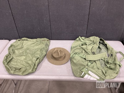 (34) Duffel Bags, (9) Service Hats, (23) Clothing Bags & Assorted Items