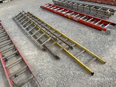 Quantity of (1) 14 ft Fiberglass, (1) 12 ft Aluminum & (1) 10 ft Aluminum Section Extension Ladder
