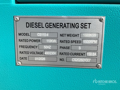 2026 Cummins CS110-4 110 kVA Skid-Mounted Generator (Unused)