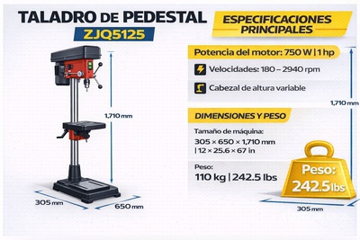 ZJQ5125 Yanghzou ZJQ5125 TALADRO DE PEDESTAL CAP 25 MM 12 VEL MESA 13 X 13 PULG